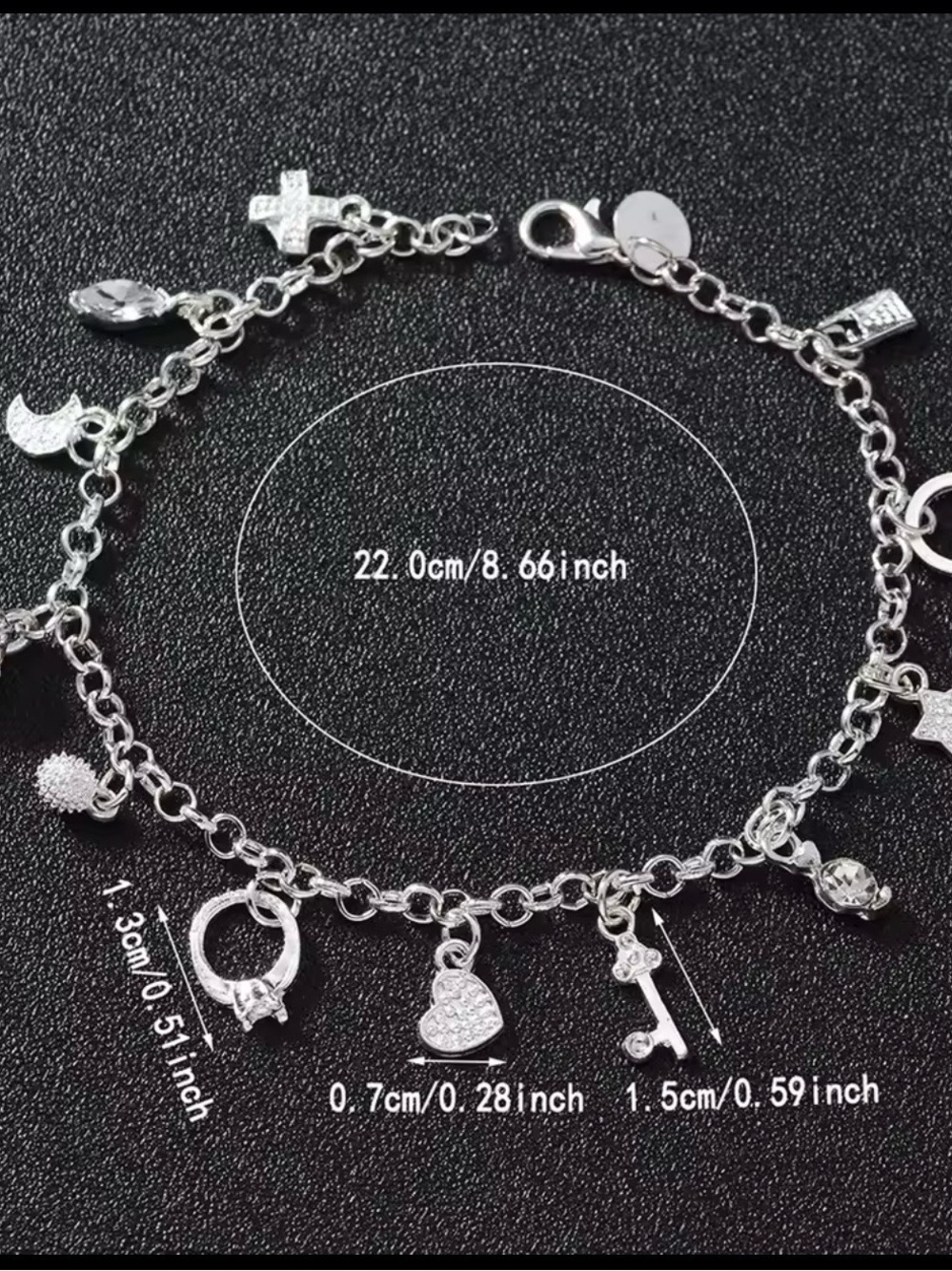 Silver Charm Bracelet with Heart, Key & Ring Charms